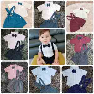 Bộ yếm sơ mi bé trai công tử set quần áo bé trai 1 đến 2 tuổi có quai đeo tặng kèm nơ xinh xắn tự tin dự tiệc thôi nôi sinh nhật