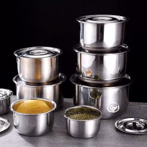 Nồi inox / Thố inox có nắp dùng được bếp từ - Thố Inox Không Quai Có Nắp Đậy Đủ Kích Thước Cao Cấp