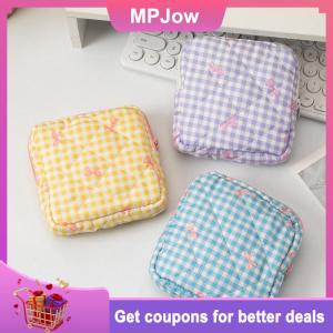 【MPJow】 Cute Sweet Love Bow Lattice Cosmetic Bag Large Capacity Travel Portable Girly Makeup Sanitary Napkin Storage Bag Clutch Bag Gift