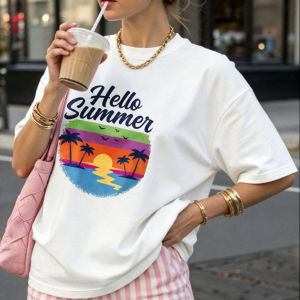 [Local Stock] HBESTY  Women Hello Summer Palm Tree Sunset Beach Print T Shirt Retro Gradient Graphic Crew Neck Short Sleeve Cotton Holiday Casual Tops