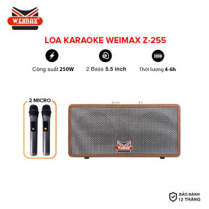 Loa karaoke xách tay Weimax Z-255 công suất 250W tặng kèm 2 micro không dây âm thanh sống động mạnh mẽ chỉnh bass treble echo kết nối đa dạng thời gian hoạt động 6-8h bảo hành 12 tháng