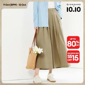 GIORDANO Women Pants Elastic Waist Crop Palazzo Pants Slant Pockets Solid Color Simple Fashion Casual Pleated Pants 05424326