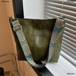 [COD] Abulaia Vintage Solid Color Women Fashion Shoulder Sling Bag High-Capacity Simple Wide Strap Bucket Crossbody Bag