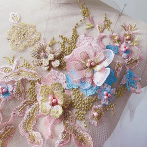 Floral Embroidery Lace Applique Pearl Gold Thread Mesh Patch for Decor DIY Clothing Accessory