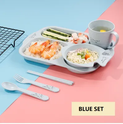 Ready Stock -6 Pieces - Gifts Set Unbreakable Divided Portion Plate kids child Set - Wheat Straw Fiber Plate + cup + chopsticks + spoon + bowl + fork