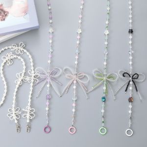 DIXRY Pearl Beads Phone Lanyard Bag Chain Bowkont Mobile Phone Crossbody Strap Fashionable Long-style Beaded Phone Chain Mobile Phone Pendant