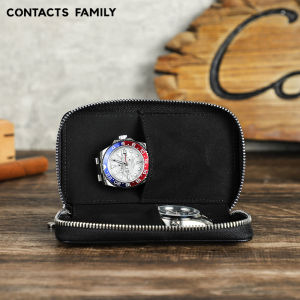 CONTACTS FAMILY Double Watch Case Bag Holder Vintage Genuine Leather Zipper Travel Watch Display Storage Box Case Pouch Organizer