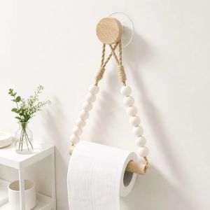 NOBLELUX Adhesive Installation Toilet Paper Holder Hemp Rope Design Punch-Free Roll Paper Dispenser Scandinavian style Wooden Balls Accent Bathroom Roll Paper Storage Rack Bathroom Use