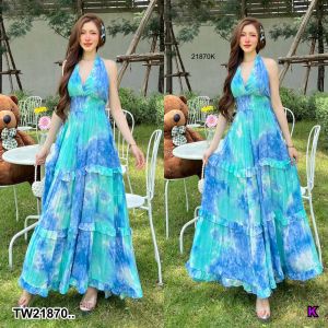 TW21870 แม็กซีเดรส สม็อคเอว ผูกโบว์คอ ระบายชั้น ..