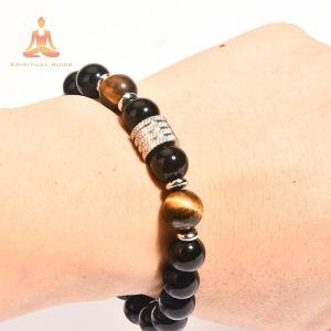 Mens Lucky Natural Black Obsidian Bracelet Yellow Tiger Eye Stone Power Elastic Bracelet