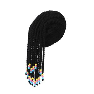 TUS Retro Handmade Crochet Beanie Hat Comfortable Skin-friendly Reggae Dreadlocks Wig Hip Hop with Beads Holiday Braided Knitted Wig Cap Winter