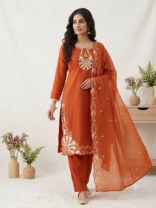 [PRE ORDER : 10 DAYS] Premium Roman Silk Womens Embroidered Kurti with Fully Stitched Free Size Pants and Sequence Work Dupatta 3-Piece Festive Suit Set (Sizes: M to XXL)