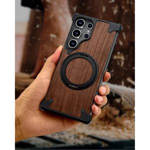 Oatsbasf Wood Phone Case for Samsung Galaxy S25 Ultra/S24 Ultra W/ 360° Rotation Kickstand Frameless Cell Phone Protective Shell