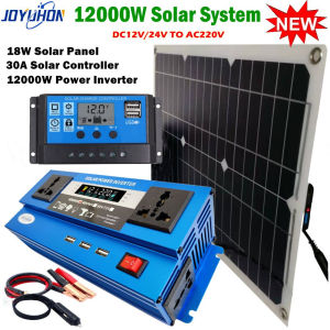 JOYUHON Solar Power Inverter System Kit DC12V/24V TO AC220V 12000W/6000W Intelligent Power Inverter 18W Solar Panel 30A Solar Controller for Home Car Outdoor