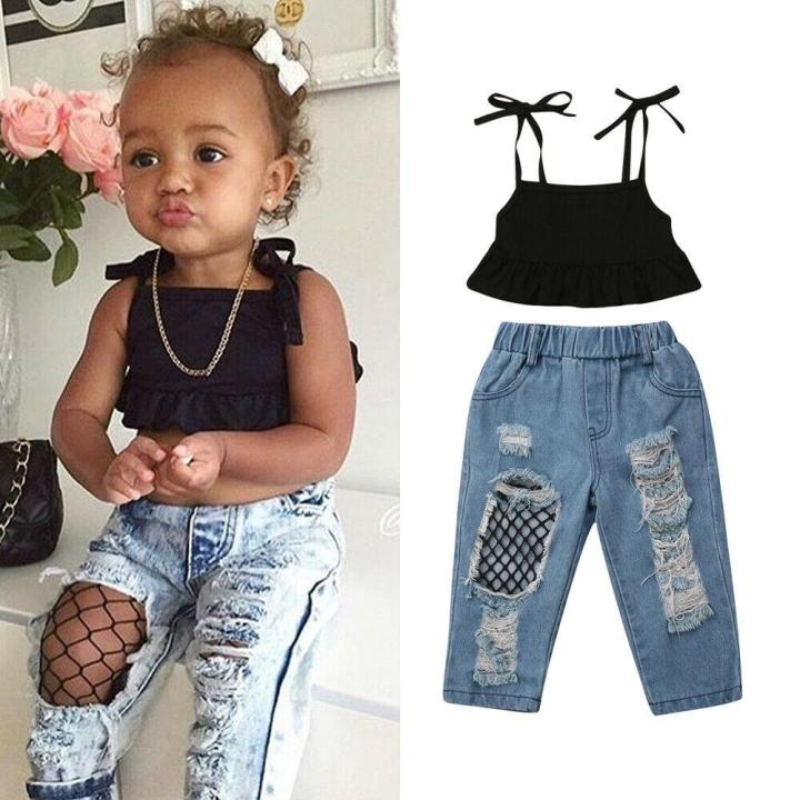 Toddler Kids Baby Girls Vest Tops+Ripped Fish Net Jeans Pants