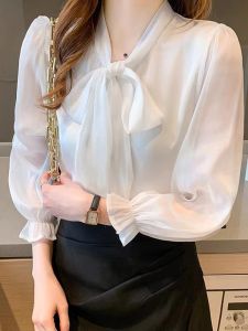 Korean retro design niche loose top bow chiffon white shirt long sleeve shirt for women