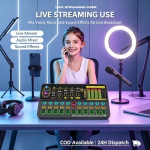 Sound Mixer Live Sound Card withVolume Fader Voice Changer Sound EffectsLED Lights for Karaoke Streaming RecordingGaming Sound Board for PS5 Xbox Kids.