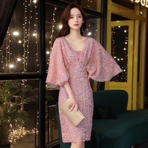 Dress For Women Butterfly Sleeve Glitter Sequins Pure Color Beautiful Elegant Banquet Prom Dinner Female Gown