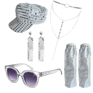 60S 70S 80S อุปกรณ์ดิสโก้ชุดแฟนซีผู้หญิงชุดดิสโก้ต่างหูแว่นตากันแดดเลื่อมหมวกบอลสร้อยคอ