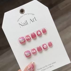 [HANDMADE]Artificial Childrens Nail Cute Hello  Pink Bow Sequins Cartoon Short Style Phototpy Nails Boys Girls Fashion Reusable and Removable Nails