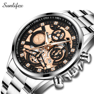 Sunlifex Jam Tangan Pria Dial Berongga Kalender Santai Tali Stainless Steel Bercahaya Jam Cowok