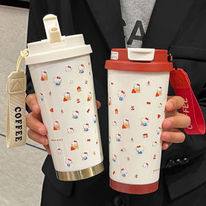 Christmas Gift Halloween Sanrios Sus316 520Ml Student Double Drink Straw Thermal Cup Kawaii Hello Kitty Cartoon Sports Office Vehicle Mounted Coffee Cup