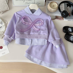 Setelan Anak Perempuan Import Model Rok Atau Celana Kemeja Garis Sweater Pita Lengan Panjang Cute