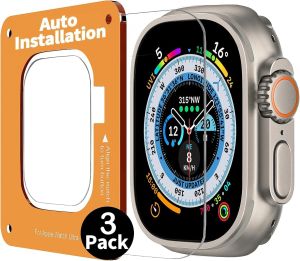 Smiling 3 Pack Screen Protector Compatible with Watch Ultra 3/Ultra 2/Ultra 49mm and Auto-alignment Installation Frame Anti-Scratch Tempered Glass Screen Protector Bubble Free Touch Sensitive