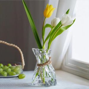 RUCHO Transparent Irregular Glass Vase with Rope Romantic Hydroponic Vase Creative Minimalist Art Flower Vase  Room