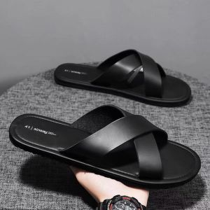 ZEEMIN 2023 New Mens Summer Leather Large Size One Word Casual Slippers Soft Bottom Non Slip Home Casual Slipper Outdoor Beach Slipper