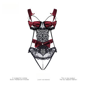 QMissLin Black Red Lace Bodysuit for Women Sheer Mesh Teddy with Bowknot Comfortable Stretchy Lingerie Free Size New Design Elegant Nightwear for Special Occasions