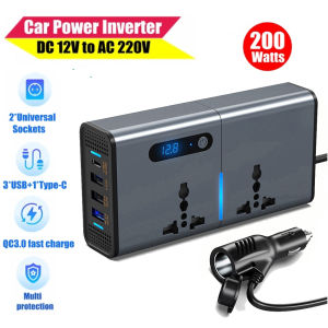 200W Car Power Inverter Newly Car Plug Adapter Outlet Charger DC 12V to AC220V Car Converter with 1.2A&2.4A USB 1 QC3.0 USB and 1 Type C Ports