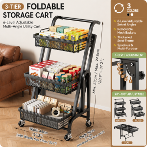 3-Tier Foldable Storage Trolley Detachable Baskets 360° Wheels Organizer For Kitchen Bathroom Bedroom Salon Snack Sundry Storage Rack