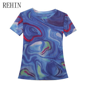 REHIN Summer Fashion Mesh Printed Floral Short-Sleeved T-shirt Round Neck Slim-Fit S-3XL Trendy Tops