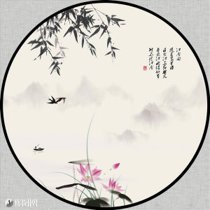 Tranh treo tường hình tròn VTC Thủy mặc phủ bóng laminate 1235376-tc6 tặng đinh 3 chân treo tranh