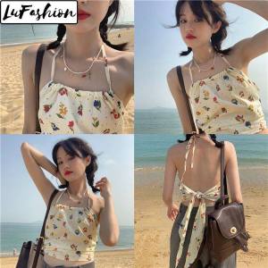 LuFashion Halter Crop Top Women Summer Bow Tie Floral Slim Sleeveless Tank Top