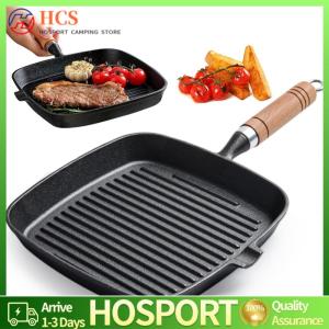 【HCS】เหล็กหล่อ 7.4/9.1/9.25 นิ้วกระทะย่างพร้อมกระทะย่างสเต็กสเต็กด้วยแผ่นไม้สเปร็ตสี่เหลี่ยมไม้