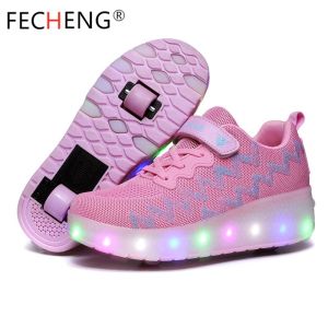 FECHENG 2023 USB Charing Child Roller Skate Shoes with Double Two Wheels Gilrs Boys LED Lights Up Sneakers Adults Glowing Sports Outing Shoes