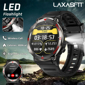 LAXASFIT Mens Outdoor Smart Watch Ultra Long Life Flashlight Bluetooth Talk AMOLED Screen Rugged Sports & Fitness Smartwatch
