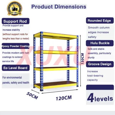 XUXU Boltless Rack Rak 4/5 Tier Besi Bertingkat Heavy Metal Frame Rak Besi Rak Buku Warehouse Store Office Storage Shelves Blue Yellow Rak Dapur 货架置物架