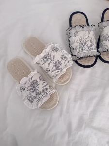 Breathable Linen Slippers For Women Chinese Style Ruffle Design Spring And Summer Indoor Non-Slip Floor Sandals Suitable For Outdoor Wear All-Season Cotton-Linen Slippers