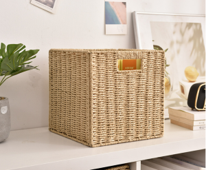 Sustainable Rattan Storage Bin with Foldable Handles for Multi-Purpose Organizing