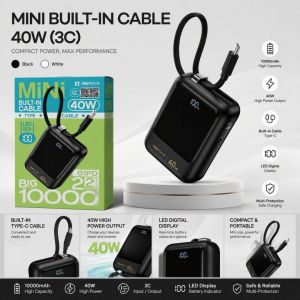 [3C] REMAX 10000mAh Mini Power Bank 40W PD Fast Charge Built-in Type-C Cable LED Display Compact Portable Travel O1PD