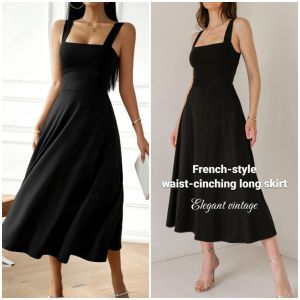 guibai Womens dress thick shoulder strap slim waist mid-length solid color dress