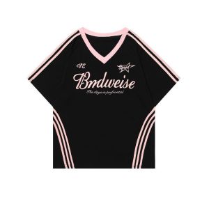 Crush Fashion Women Retro V-Neck Jersey Graphic Tee Oversized Drop Shoulder Side Stripe Letter Print Y2K Summer Streetwear Daily