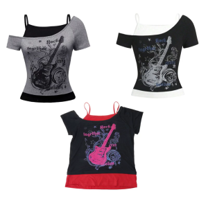 Gothic Punk Womens Short Sleeve Crop Top Edgy Fake Two Piece Design Rock Graphics Grunge T-Shirt Summer Streetwear