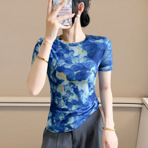 AMMIN 2025 Summer New Style Simple Round Neck Fashion Stamina Yarn Mesh Bloom Floral Print Short-sleeved T-shirt Womens Korean Style Casual plus size Elegant blouse