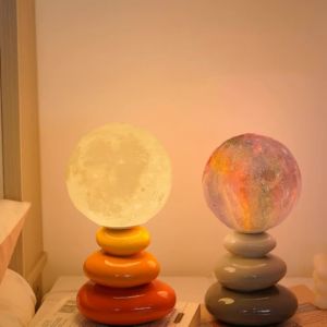 【wuxih】Bauhaus a moden disusun batu seramik meja lampu 3D percetakan bulan lampu LED Nightstand lampu Bedside Living Room hiasan bilik tidur
