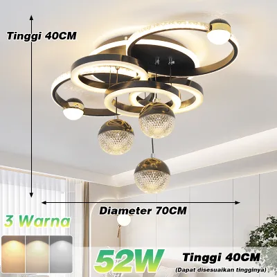 GOGEOUS Lampu Gantung Kristal Kipas Angin Plafon Kristal Lampu Gantung Ruang Tamu Kamar Tidur Remote LED 3 Warna Lampu Plafon Kristal