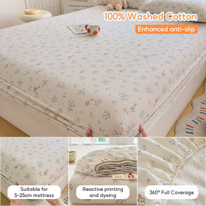 PH Stock Fitted Bedsheet Sets 3in1 Washed Cotton Flower/Rabbit Garterized Bed Sheet+2pc Pillowcase Ready Stock
